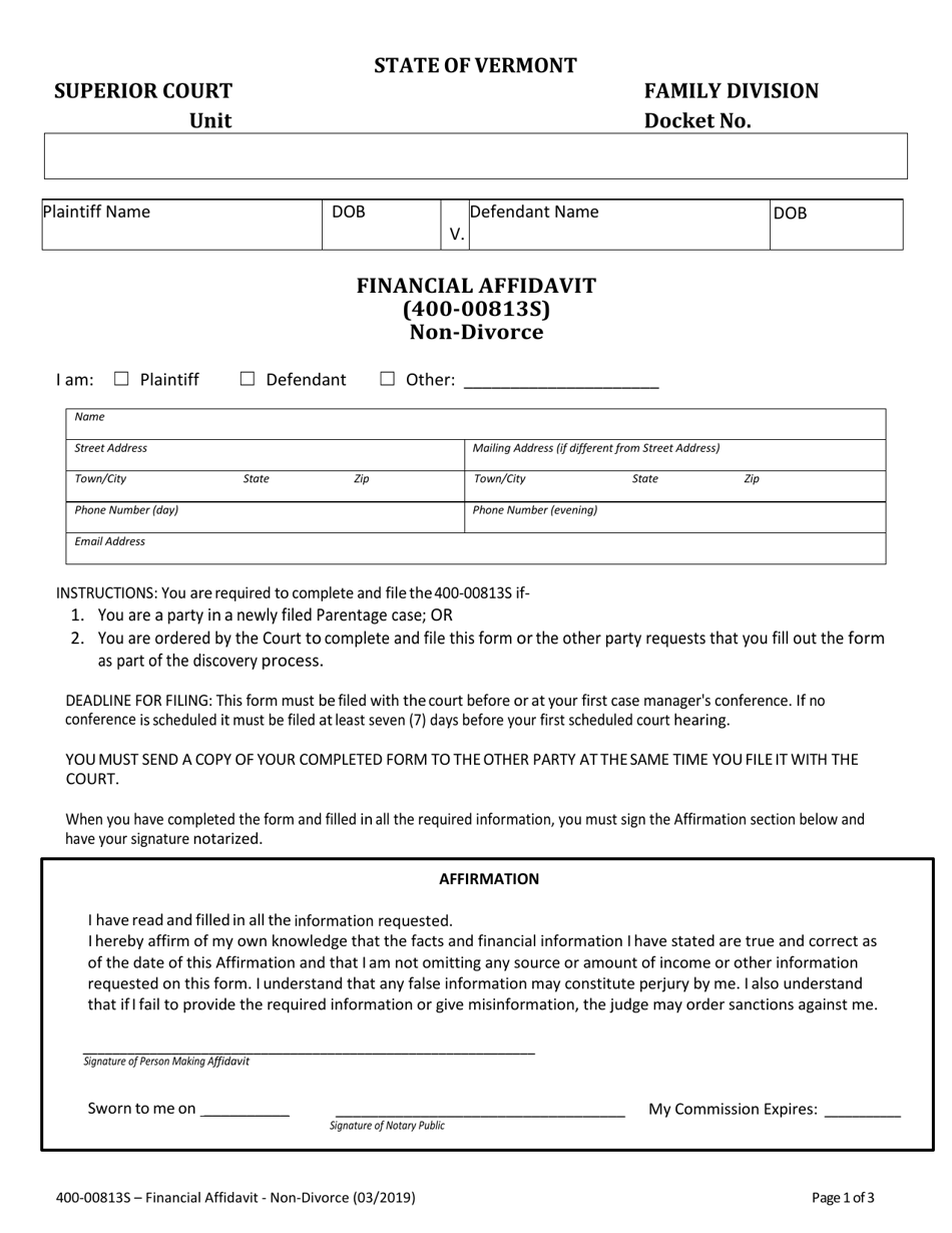 Form 400-00813S Financial Affidavit - Non-divorce - Vermont, Page 1