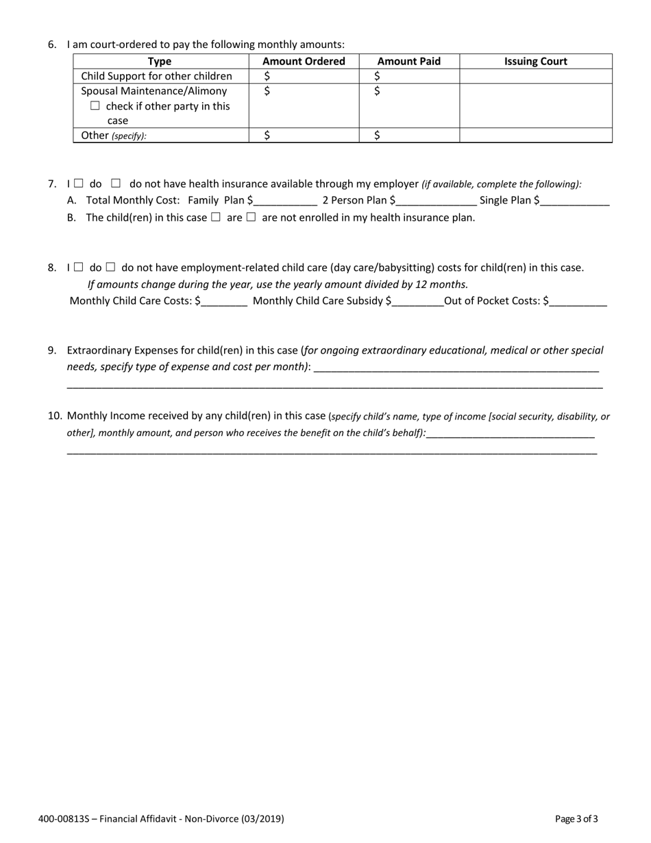 Form 400-00813S Financial Affidavit - Non-divorce - Vermont, Page 3