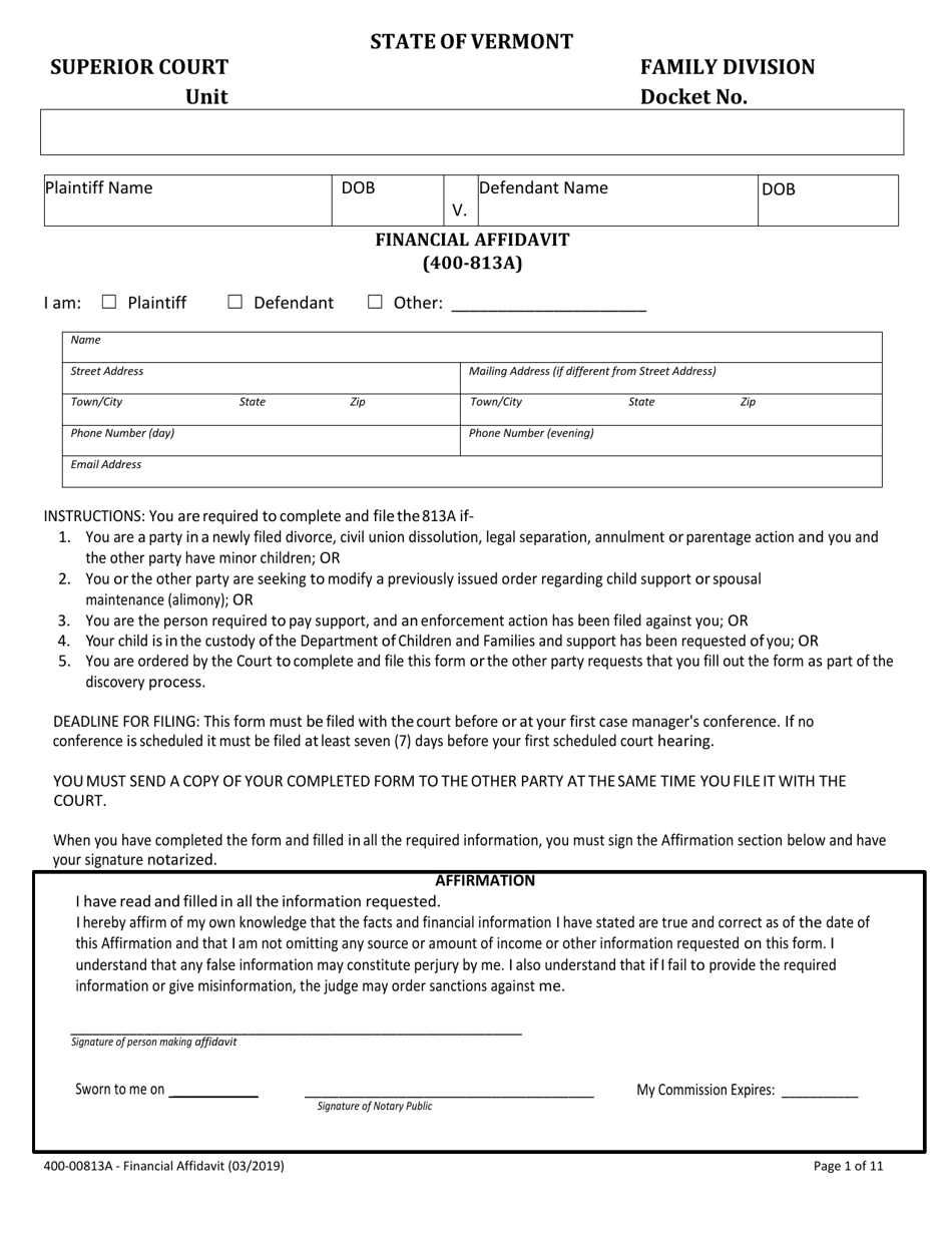 Form 400-00813A Financial Affidavit - Vermont, Page 1