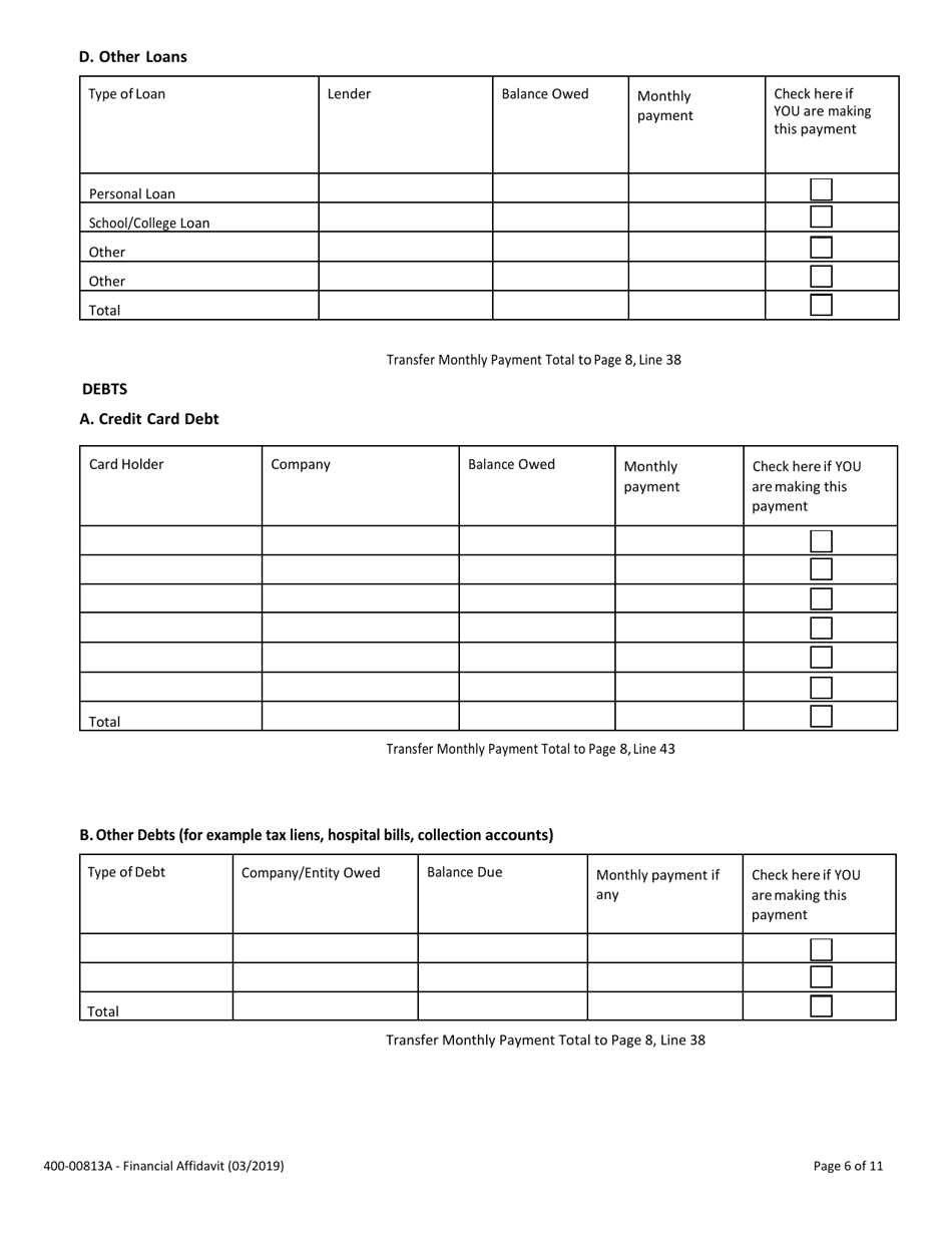 Form 400-00813A Financial Affidavit - Vermont, Page 6