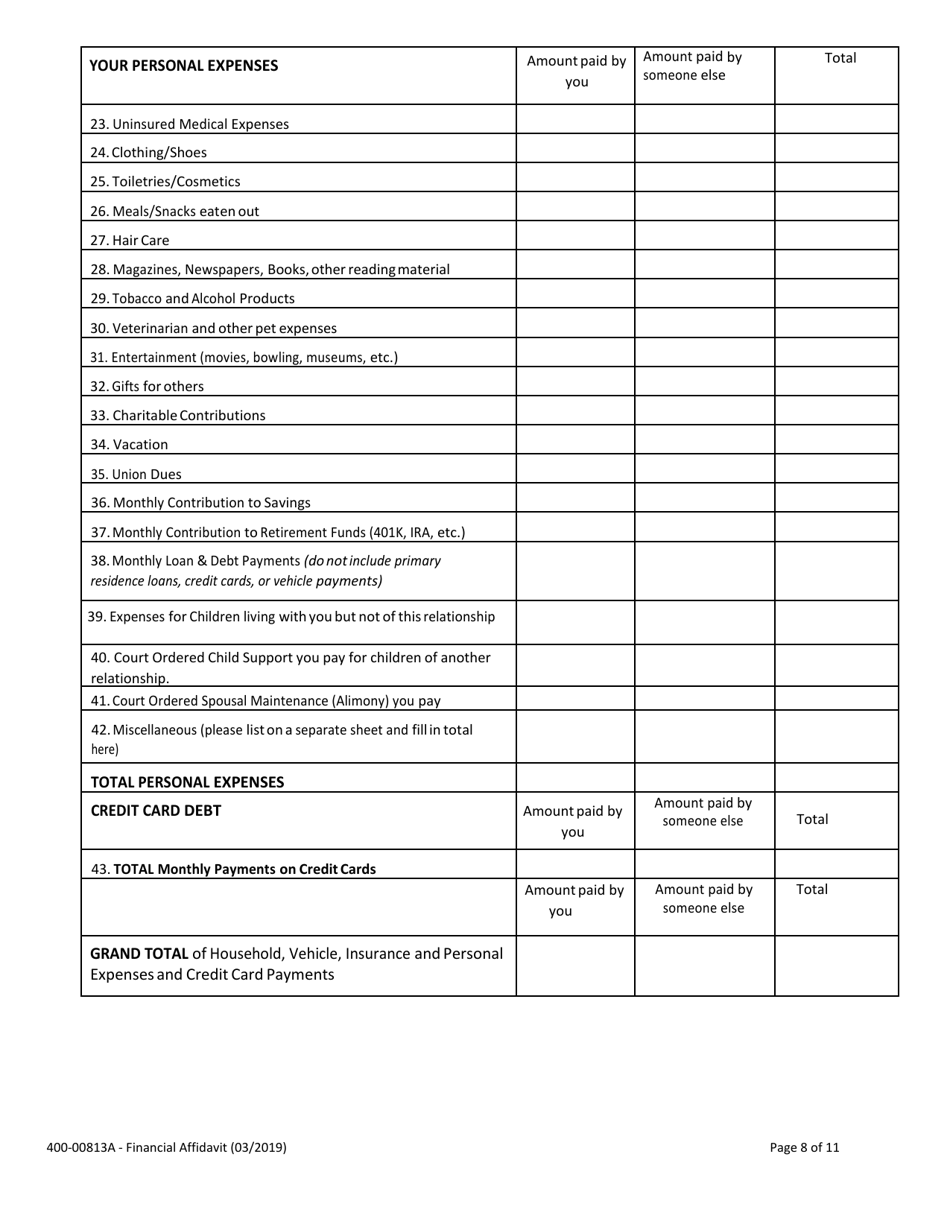 Form 400-00813A Financial Affidavit - Vermont, Page 8