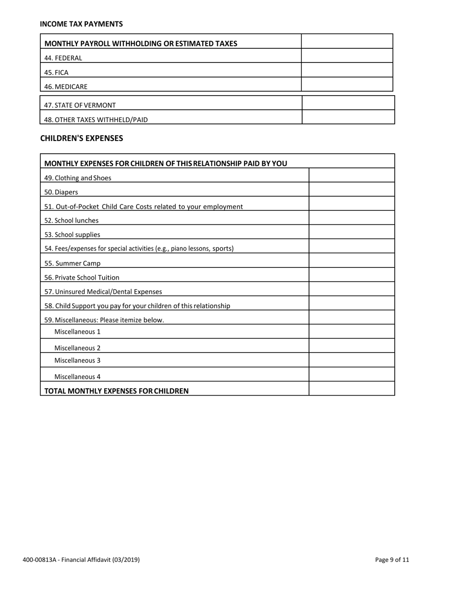 Form 400-00813A Financial Affidavit - Vermont, Page 9