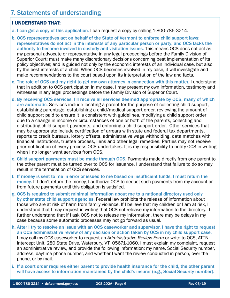 Form OCS202A Application for Child Support Services - Vermont, Page 6