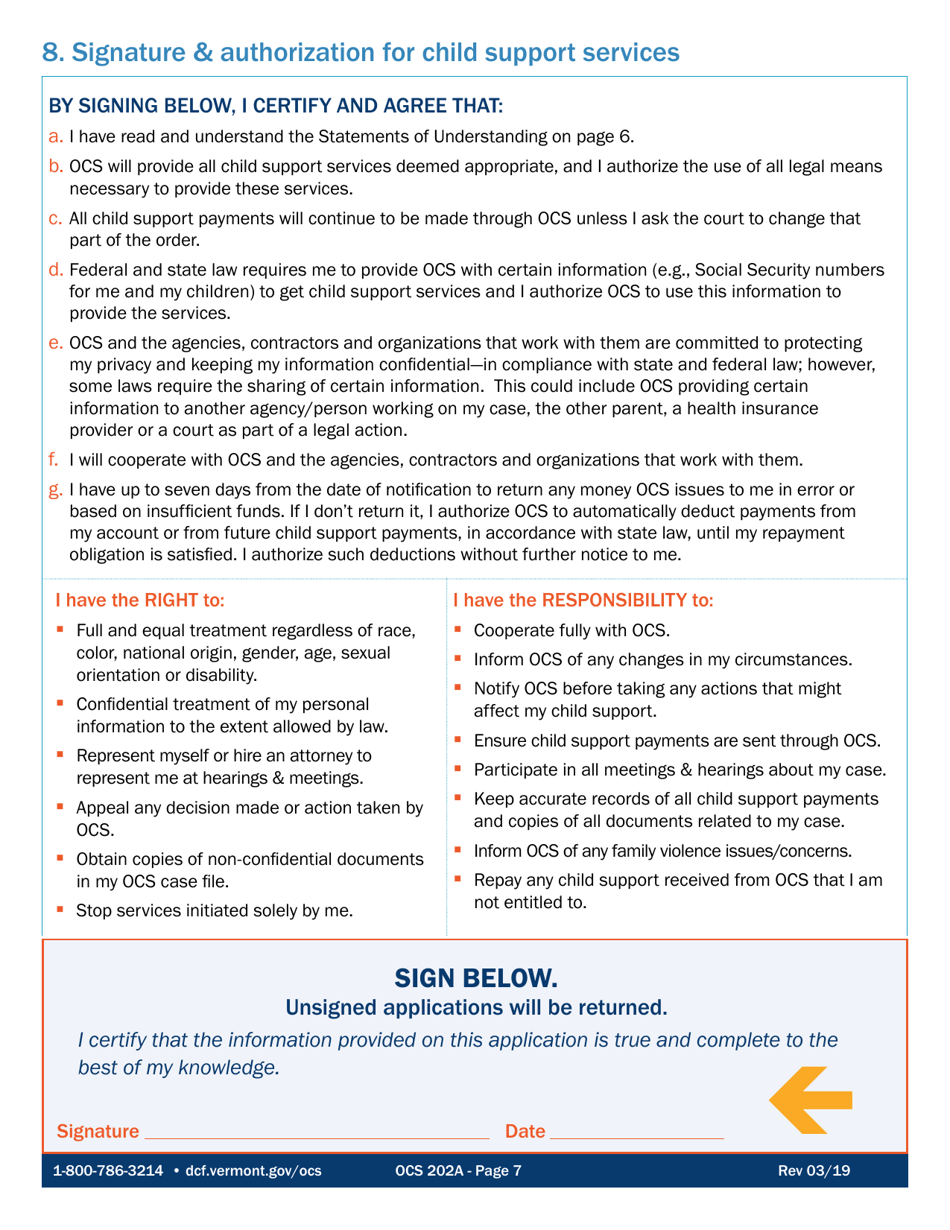 Form OCS202A Application for Child Support Services - Vermont, Page 7