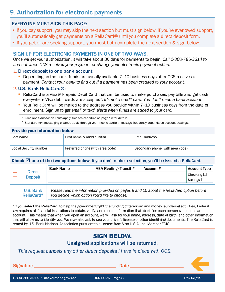 Form OCS202A Application for Child Support Services - Vermont, Page 8