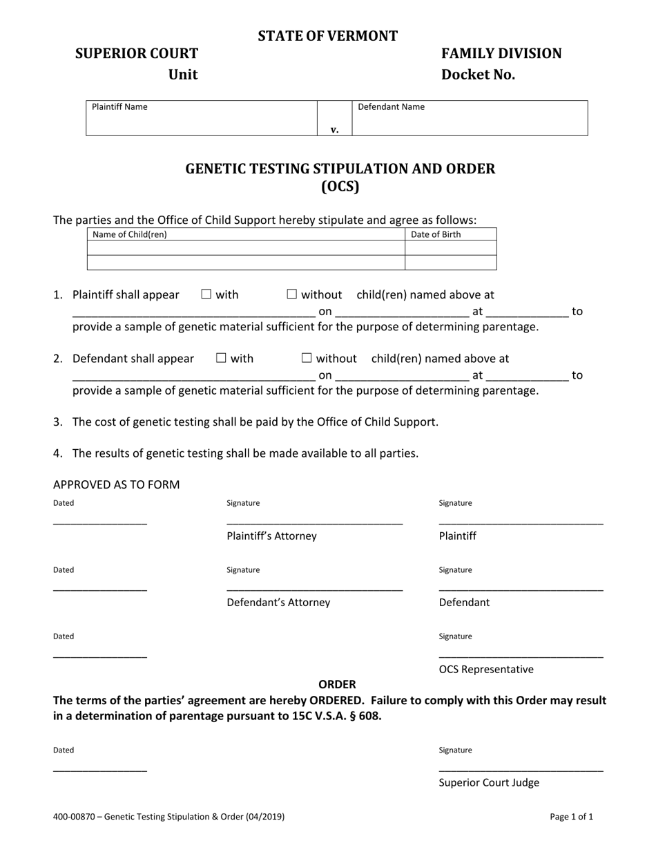 Form 400-00870 Genetic Testing Stipulation and Order (Ocs) - Vermont, Page 1