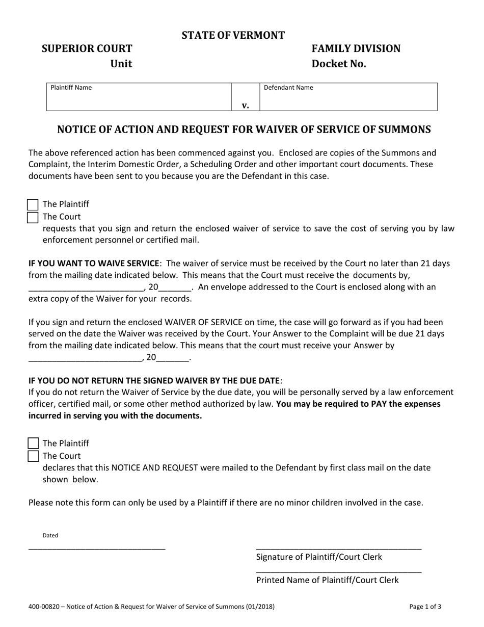 Form 400-00820 Notice of Action  Request for Waiver of Service of Summons - Vermont, Page 1