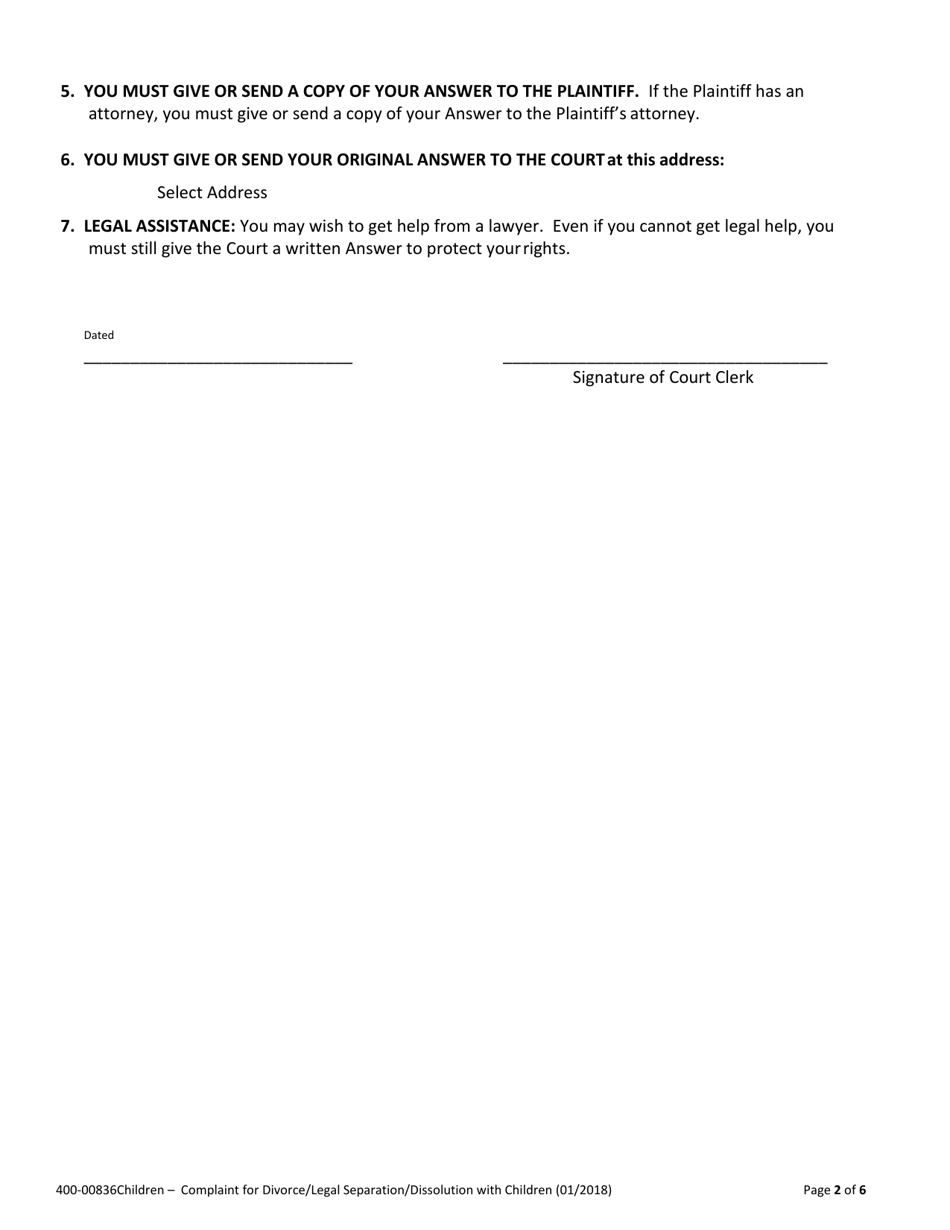 Form 400-00836CHILDREN Complaint for Divorce / Legal Separation / Dissolution With Children - Vermont, Page 2