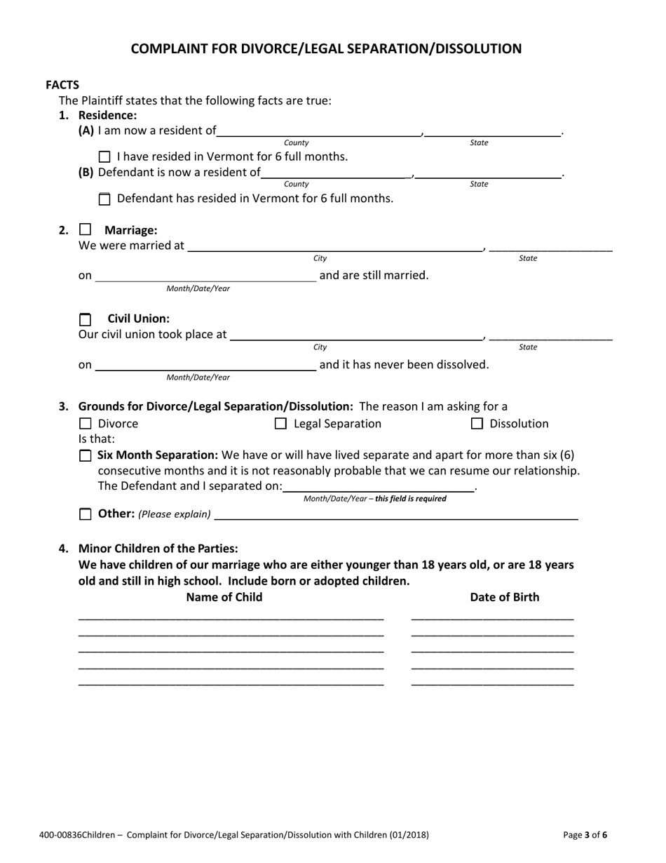 Form 400-00836CHILDREN Complaint for Divorce / Legal Separation / Dissolution With Children - Vermont, Page 3