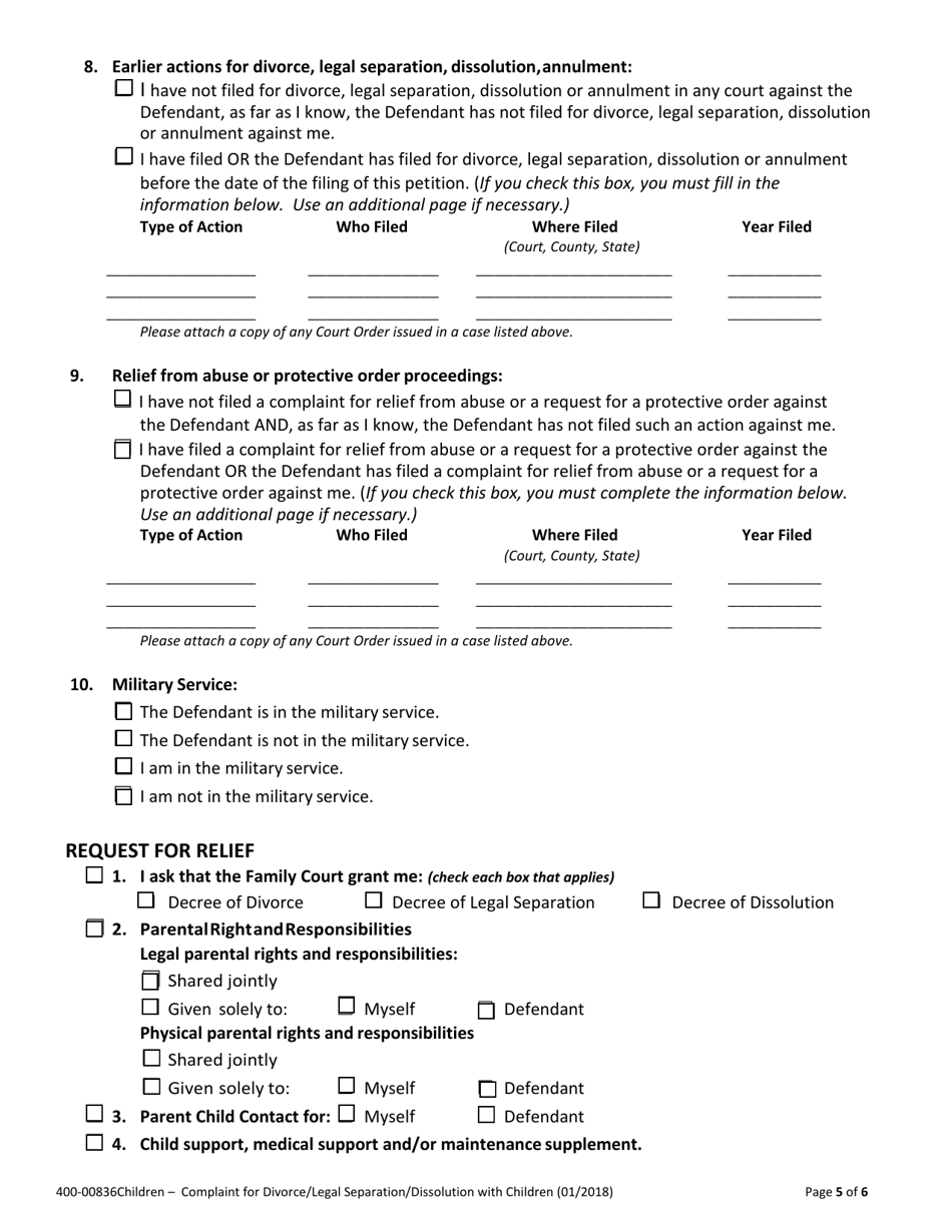 Form 400-00836CHILDREN Complaint for Divorce / Legal Separation / Dissolution With Children - Vermont, Page 5
