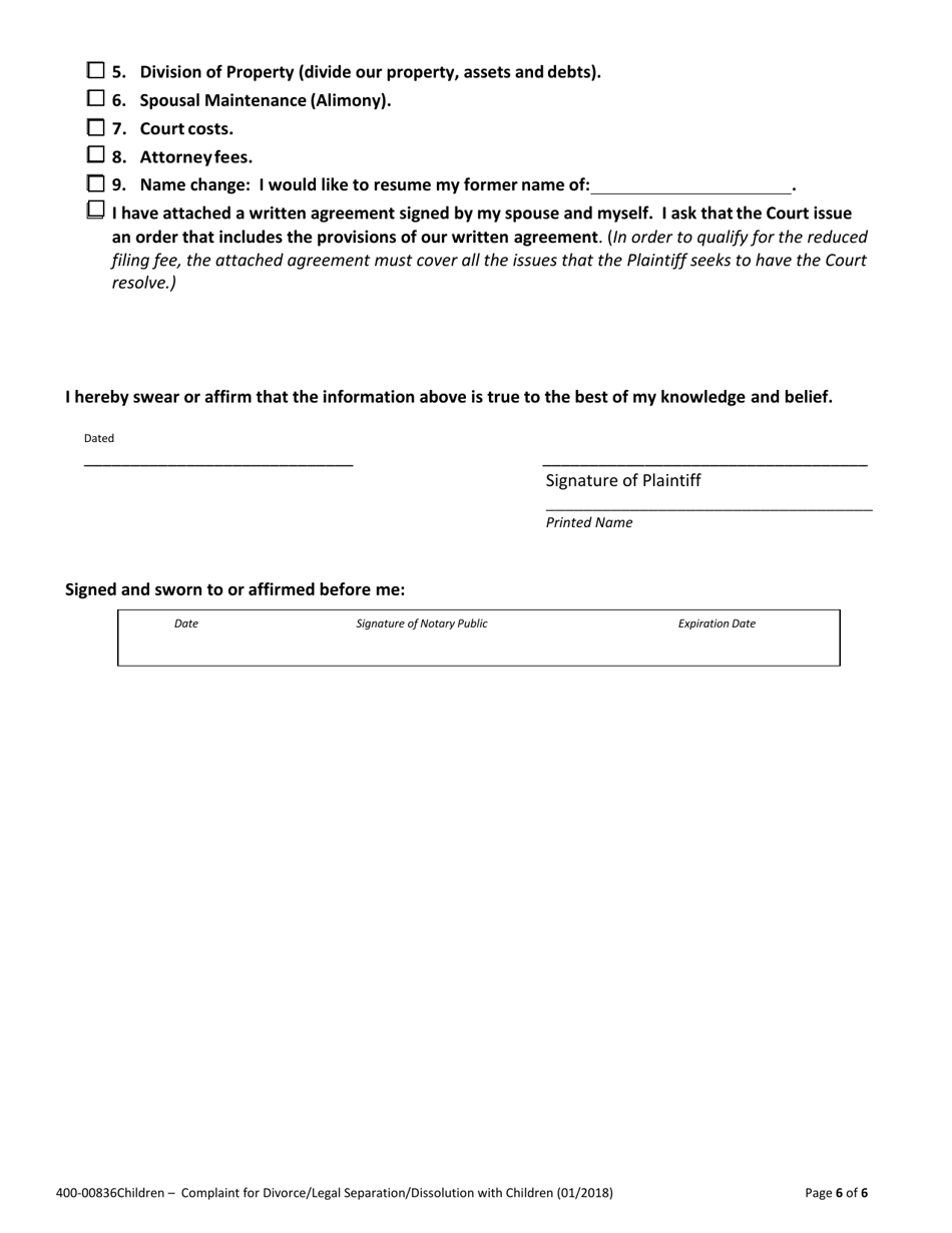 Form 400-00836CHILDREN Complaint for Divorce / Legal Separation / Dissolution With Children - Vermont, Page 6