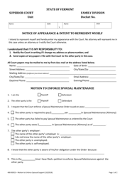 Form 400-00923 Motion to Enforce Spousal Support - Vermont