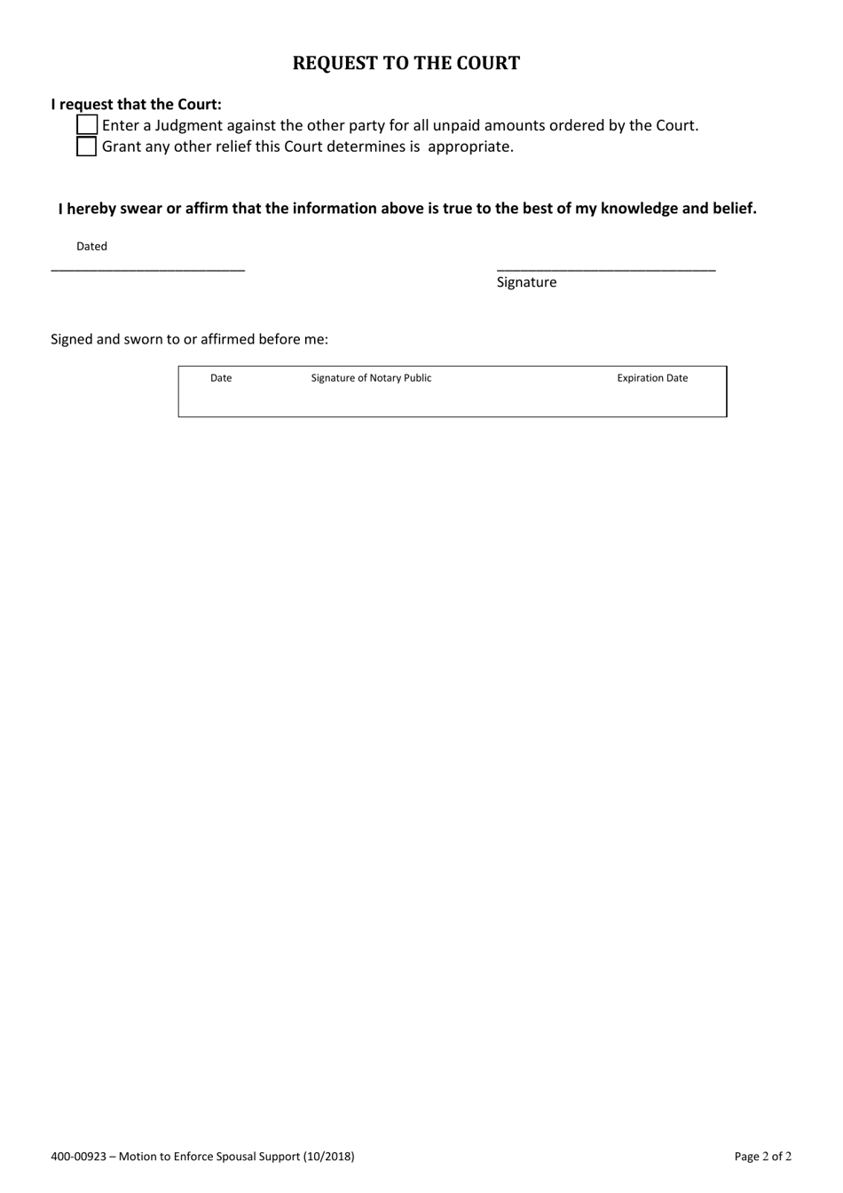 Form 400-00923 Motion to Enforce Spousal Support - Vermont, Page 2