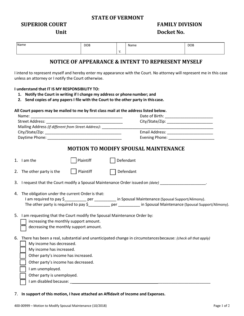 Form 400-00999 Motion to Modify Spousal Maintenance - Vermont, Page 1