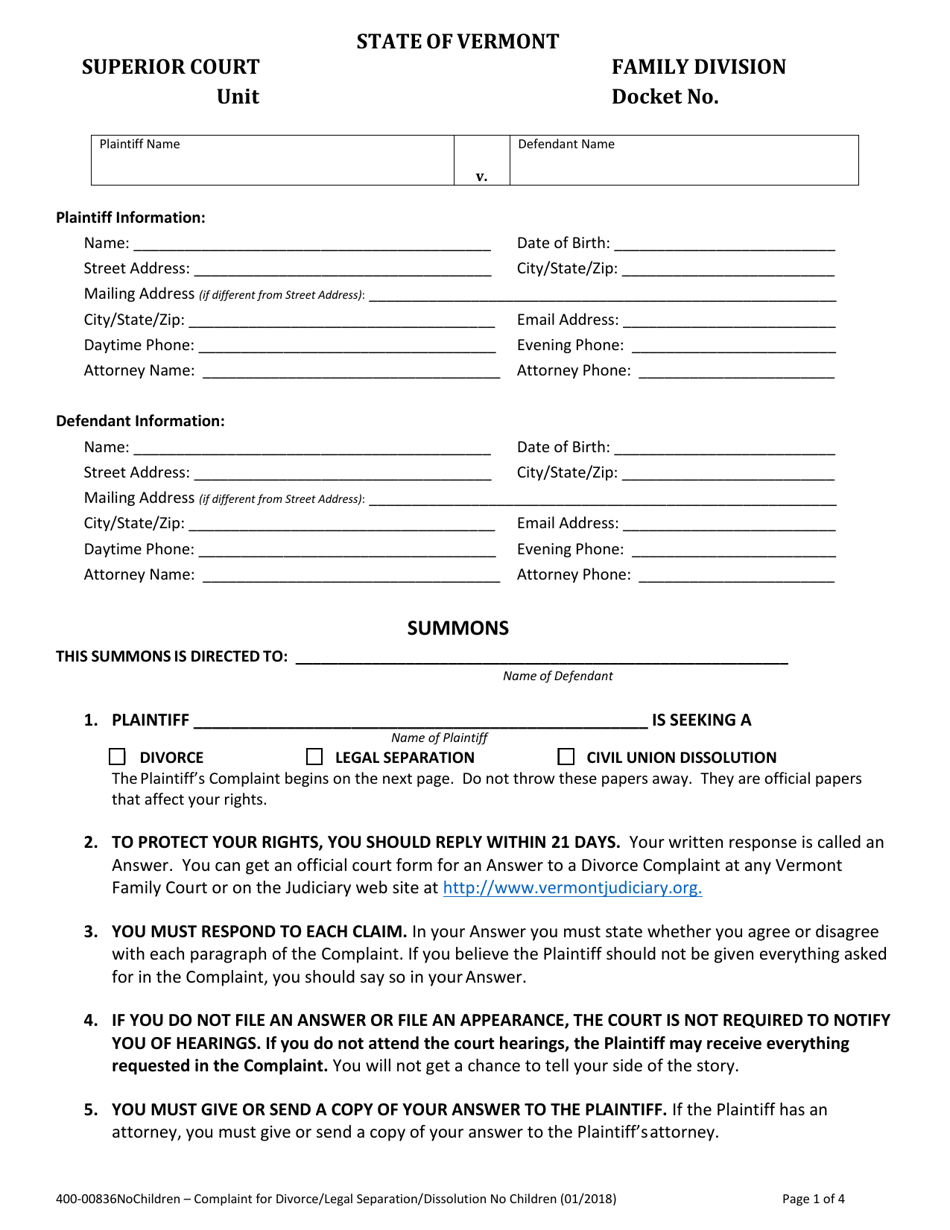 Form 400-00836NOCHILDREN Complaint for Divorce / Legal Separation / Dissolution No Children - Vermont, Page 1
