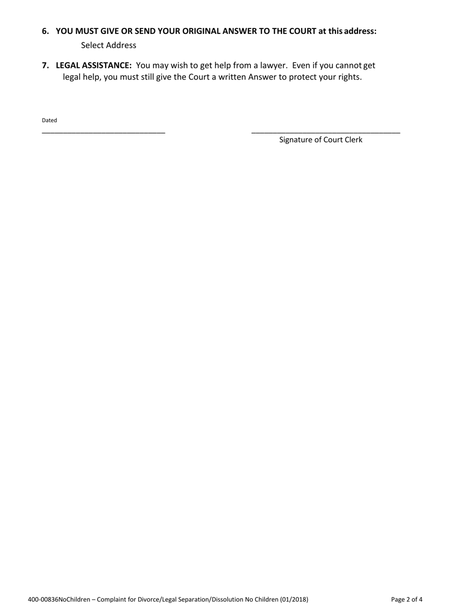 Form 400-00836NOCHILDREN Complaint for Divorce / Legal Separation / Dissolution No Children - Vermont, Page 2