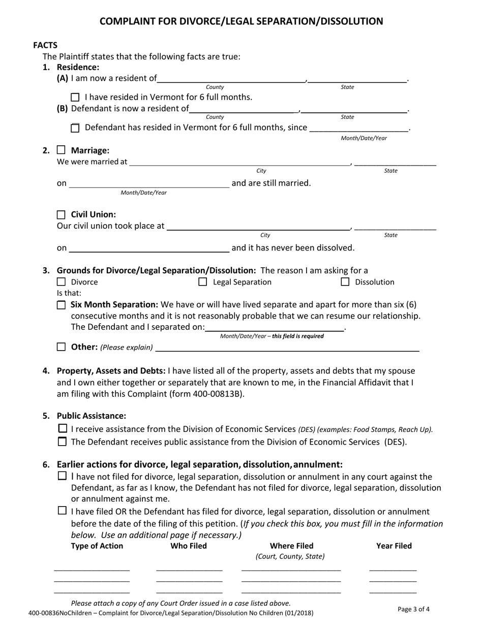 Form 400-00836NOCHILDREN Complaint for Divorce / Legal Separation / Dissolution No Children - Vermont, Page 3