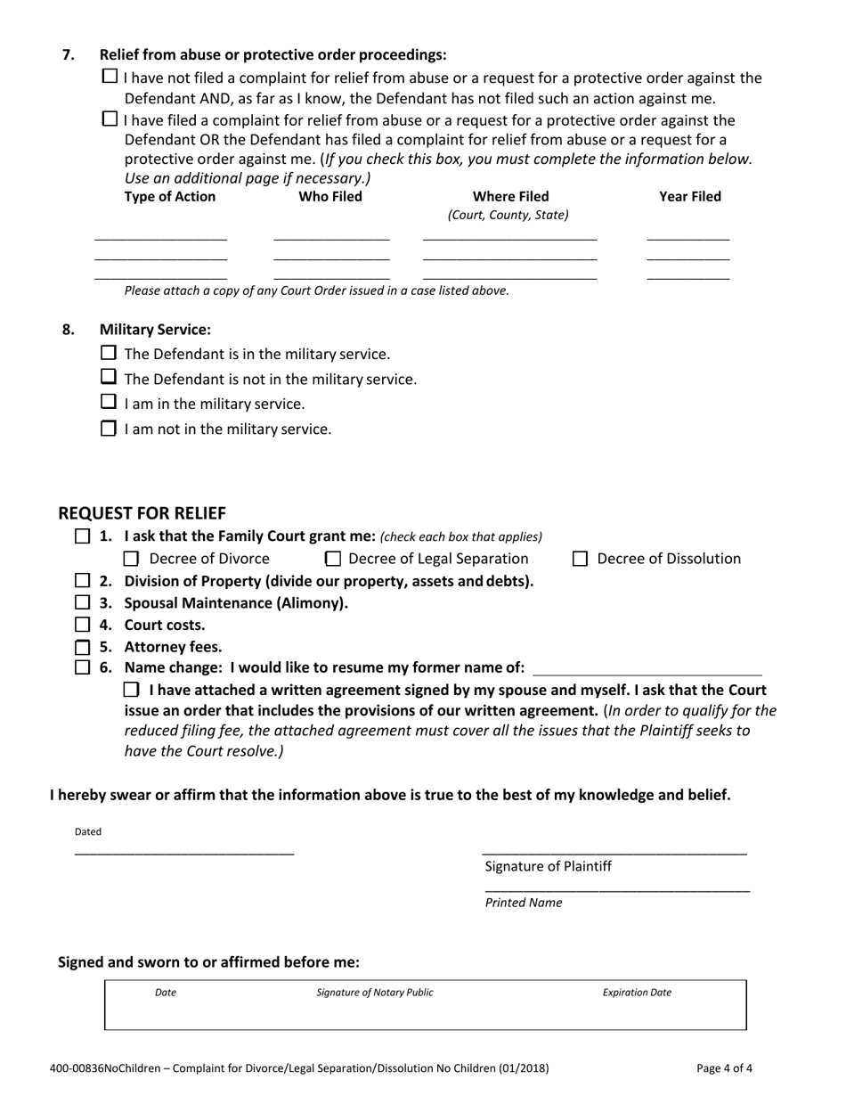 Form 400-00836NOCHILDREN Complaint for Divorce / Legal Separation / Dissolution No Children - Vermont, Page 4