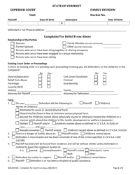 Document preview: Form 400-00150C Compliant for Relief From Abuse - Vermont