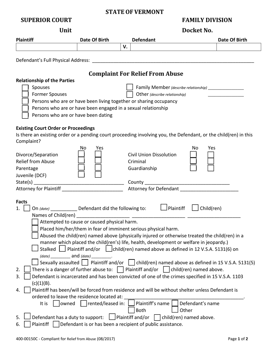 Form 400-00150C Compliant for Relief From Abuse - Vermont, Page 1