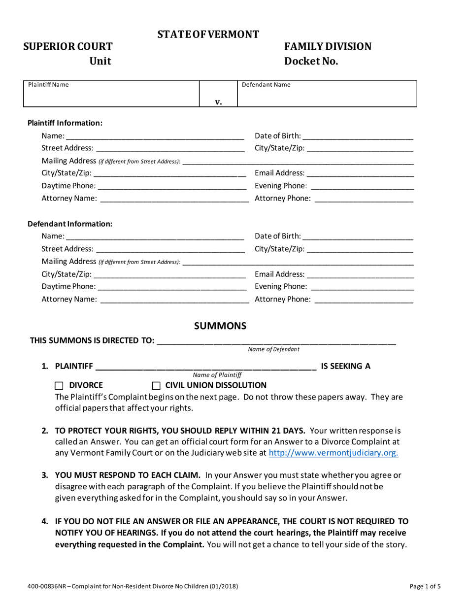 Form 400-00836NR Complaint for Non-resident Divorce No Children - Vermont, Page 1