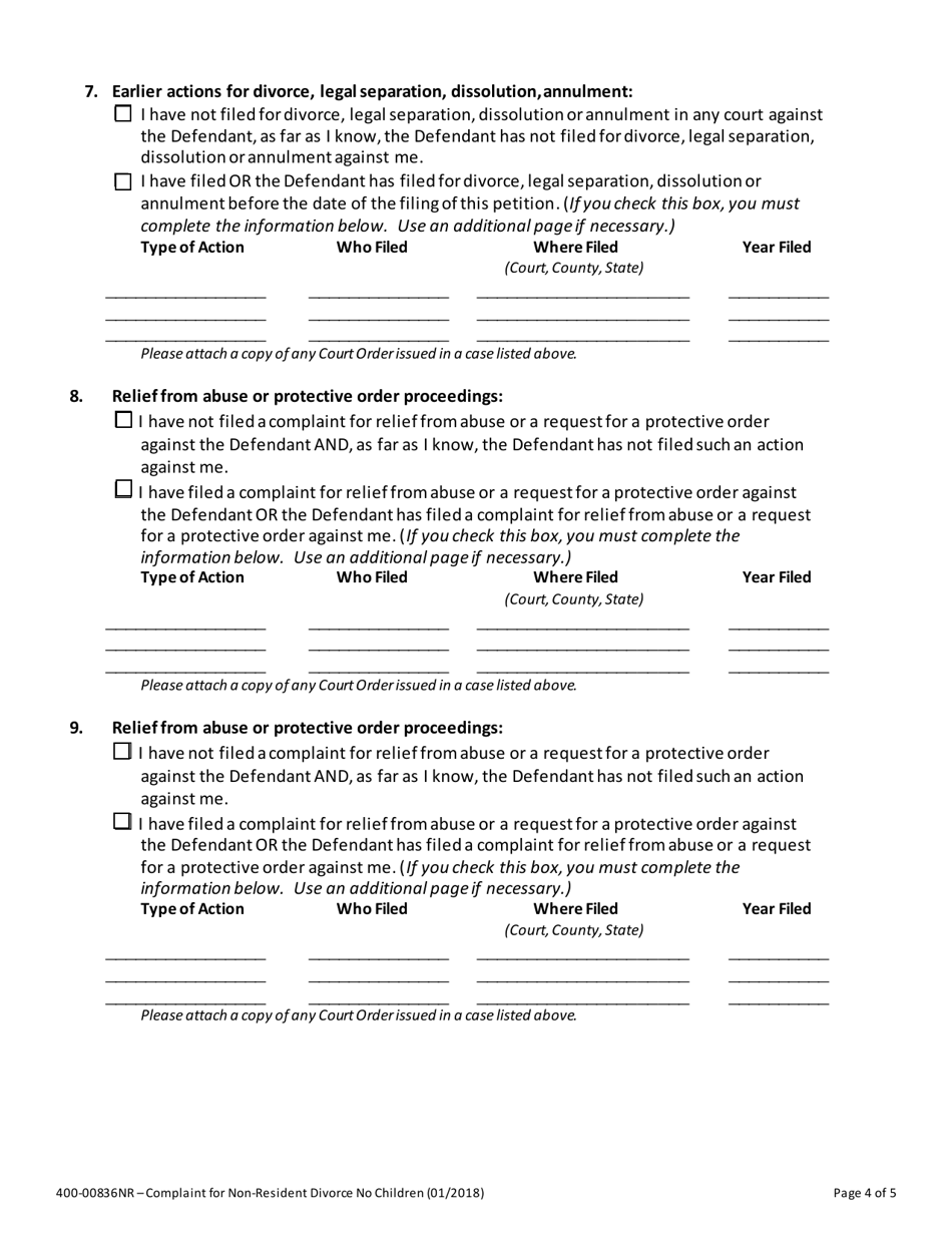 Form 400-00836NR Complaint for Non-resident Divorce No Children - Vermont, Page 4
