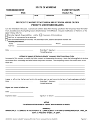 Document preview: Form 400-00153 Motion to Modify Temporary Relief From Abuse Order Prior to Scheduled Hearing - Vermont