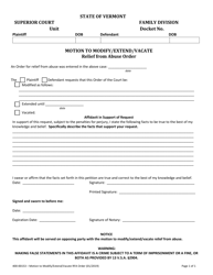 Document preview: Form 400-00153 Motion to Modify/Extend/Vacate Relief From Abuse Order - Vermont