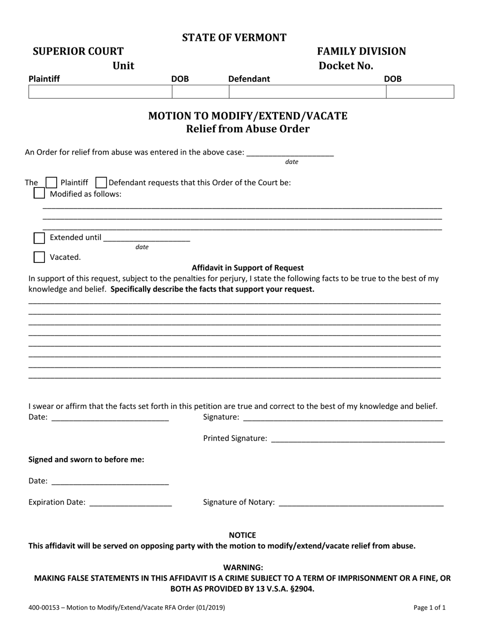 Form 400-00153 Motion to Modify / Extend / Vacate Relief From Abuse Order - Vermont, Page 1