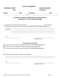Document preview: Form 400-00853 Certificate of Notice to Plaintiff by Interested Person - Vermont