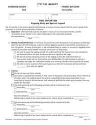 Form 400-00878 Final Stipulation - Property, Debts and Spousal Support - Vermont