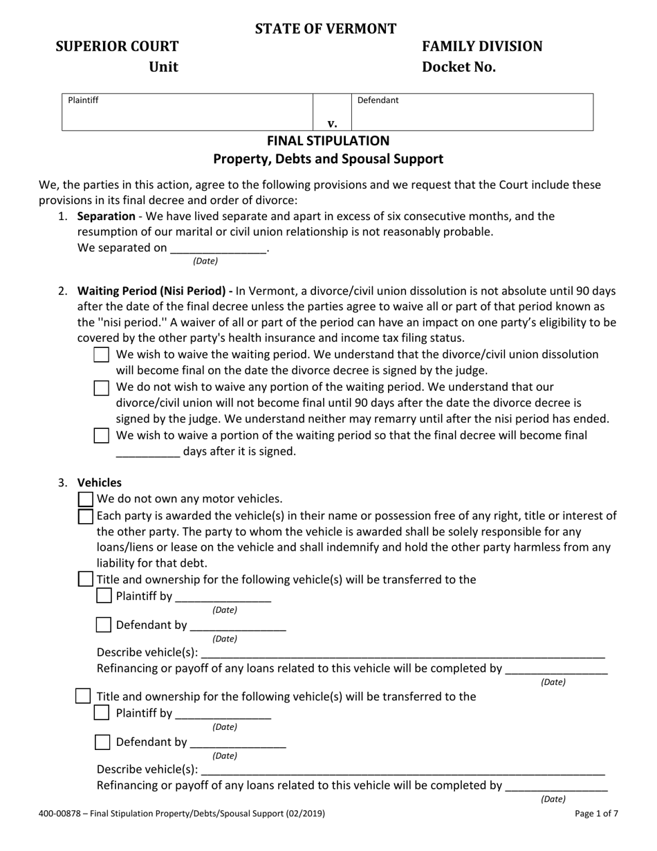 Form 400-00878 Final Stipulation - Property, Debts and Spousal Support - Vermont, Page 1