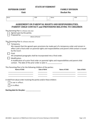 Document preview: Form 400-00825 Agreement on Parental Rights and Responsibilities, Parent Child Contact and Provisions Relating to Children - Vermont