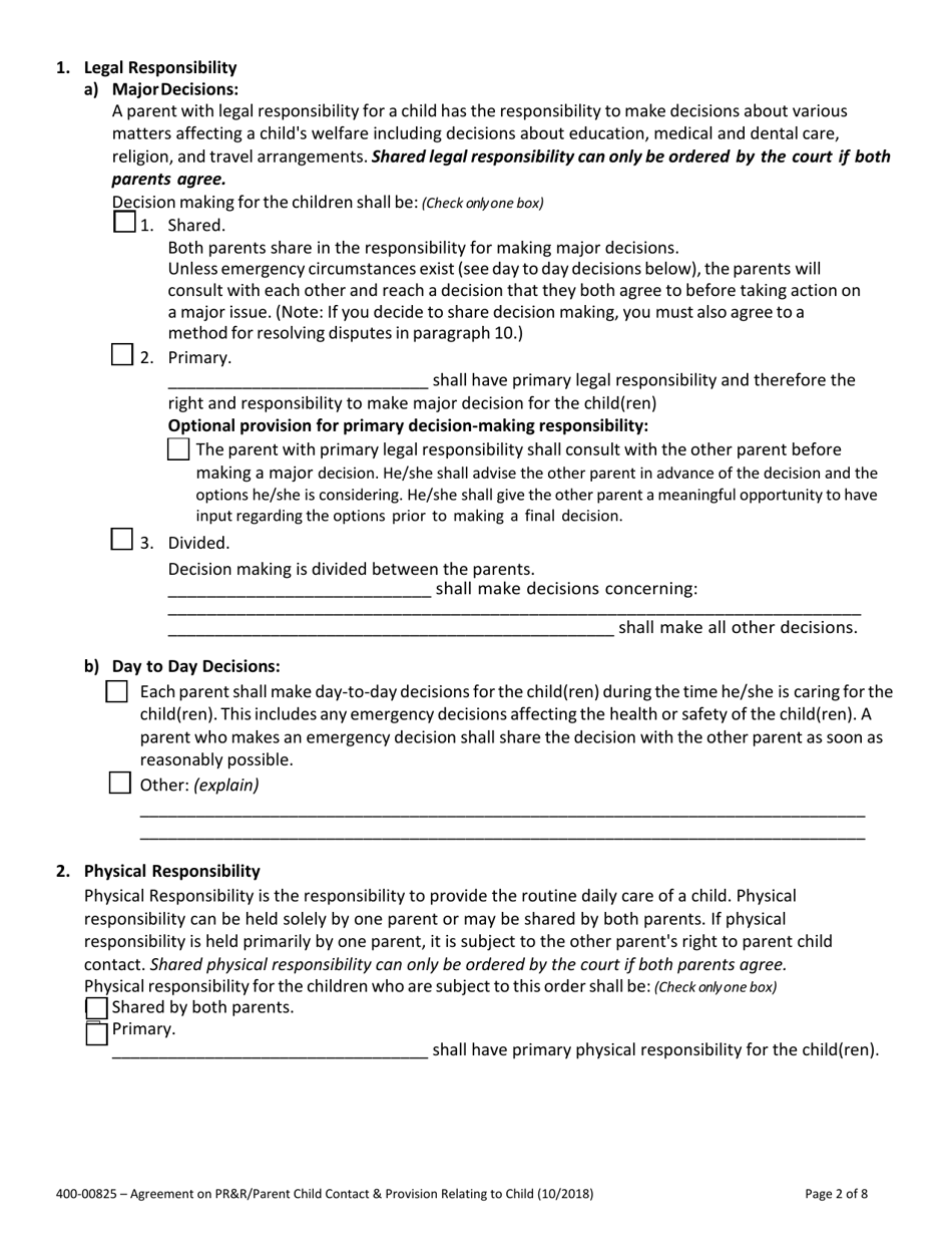 Form 400-00825 Agreement on Parental Rights and Responsibilities, Parent Child Contact and Provisions Relating to Children - Vermont, Page 2