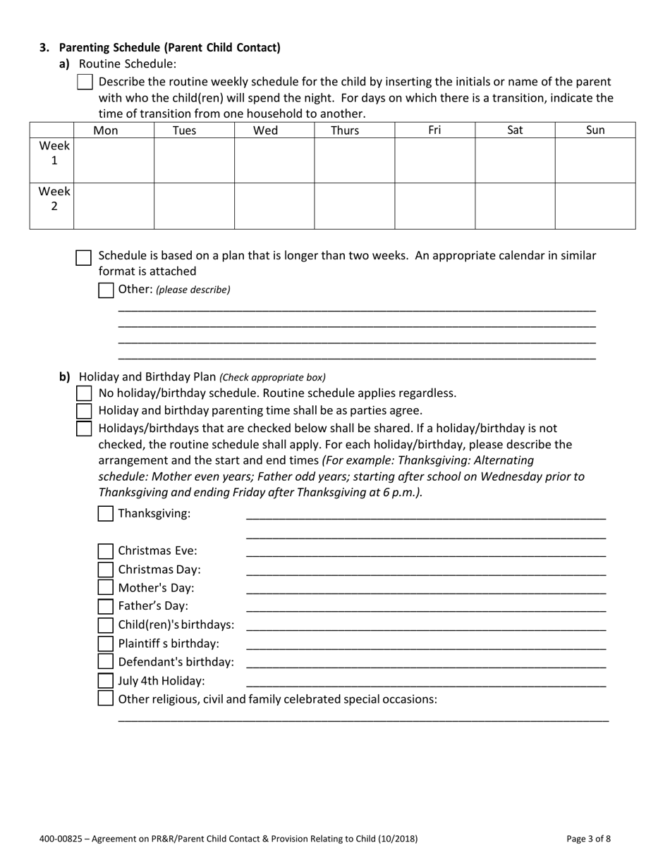 Form 400-00825 Agreement on Parental Rights and Responsibilities, Parent Child Contact and Provisions Relating to Children - Vermont, Page 3