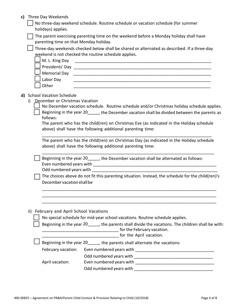 Form 400-00825 Agreement on Parental Rights and Responsibilities, Parent Child Contact and Provisions Relating to Children - Vermont, Page 4