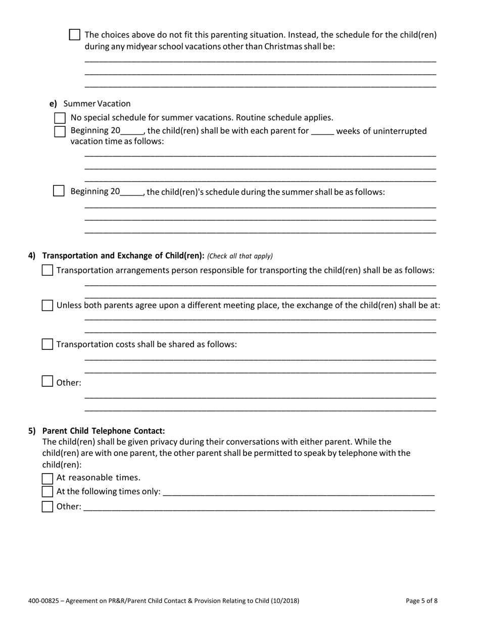 Form 400-00825 Agreement on Parental Rights and Responsibilities, Parent Child Contact and Provisions Relating to Children - Vermont, Page 5