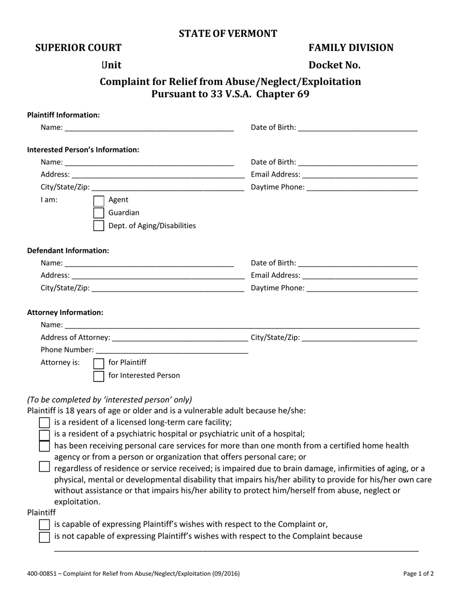 Form 400-00851 Complaint for Relief From Abuse / Neglect / Exploitation Pursuant to 33 V.s.a. Chapter 69 - Vermont, Page 1