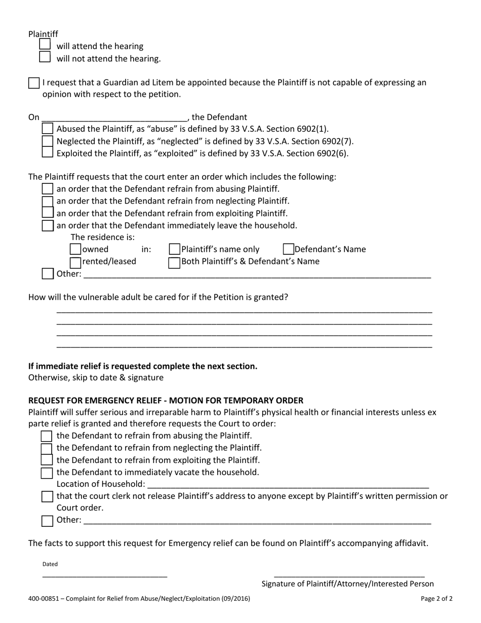 Form 400-00851 Complaint for Relief From Abuse / Neglect / Exploitation Pursuant to 33 V.s.a. Chapter 69 - Vermont, Page 2
