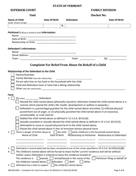 Form 400-00150CC Complaint for Relief From Abuse on Behalf of a Child - Vermont