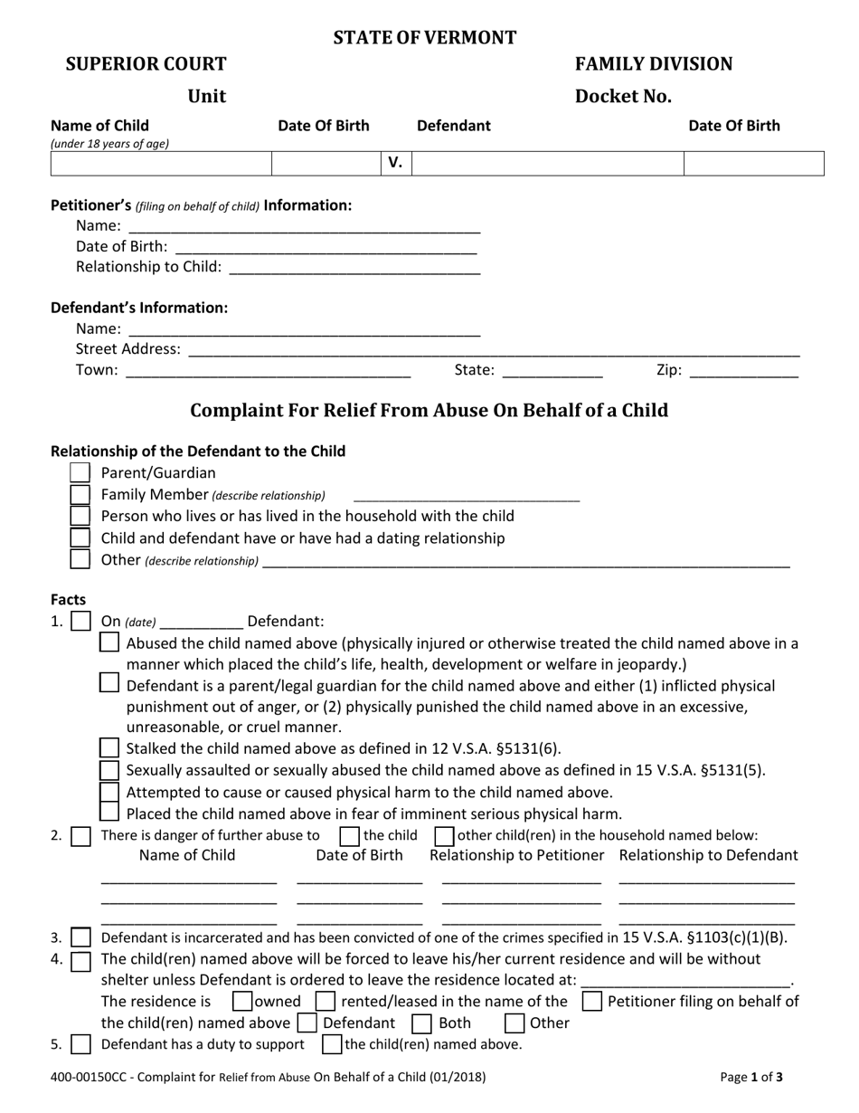 Form 400-00150CC Complaint for Relief From Abuse on Behalf of a Child - Vermont, Page 1