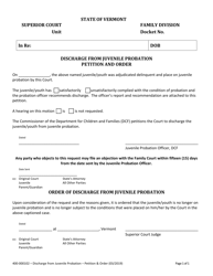 Document preview: Form 400-000102 Discharge From Juvenile Probation - Petition and Order - Vermont