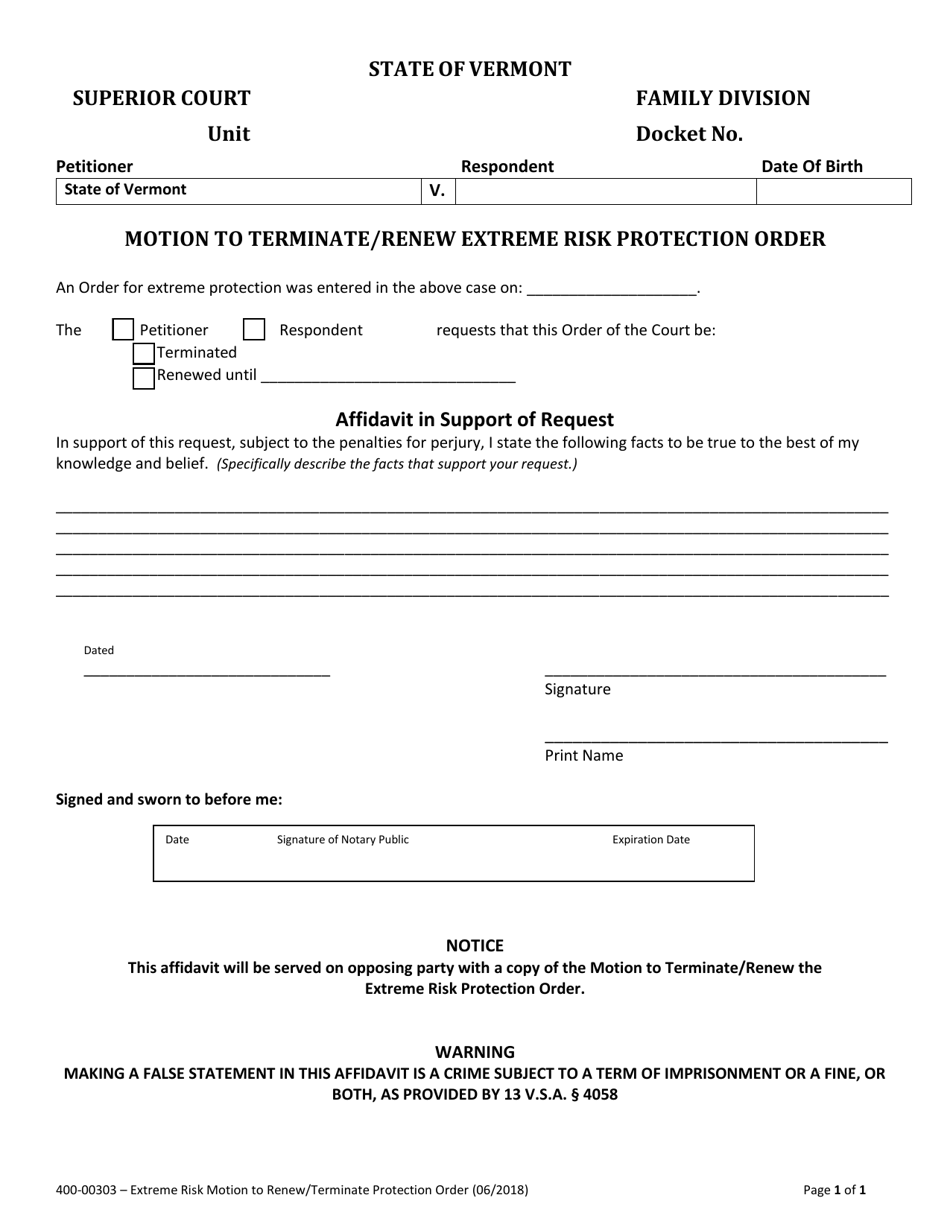 Form 400-00303 Motion to Terminate / Renew Extreme Risk Protection Order - Vermont, Page 1