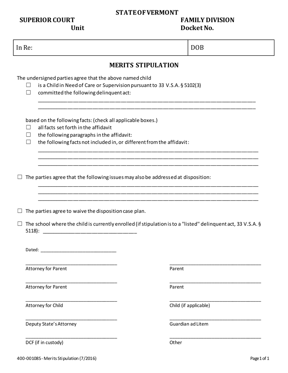 Form 400-00108S Merits Stipulation - Vermont, Page 1