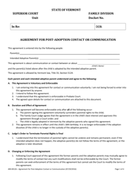 Form 400-00126 Agreement for Post-adoption Contact or Communication - Vermont