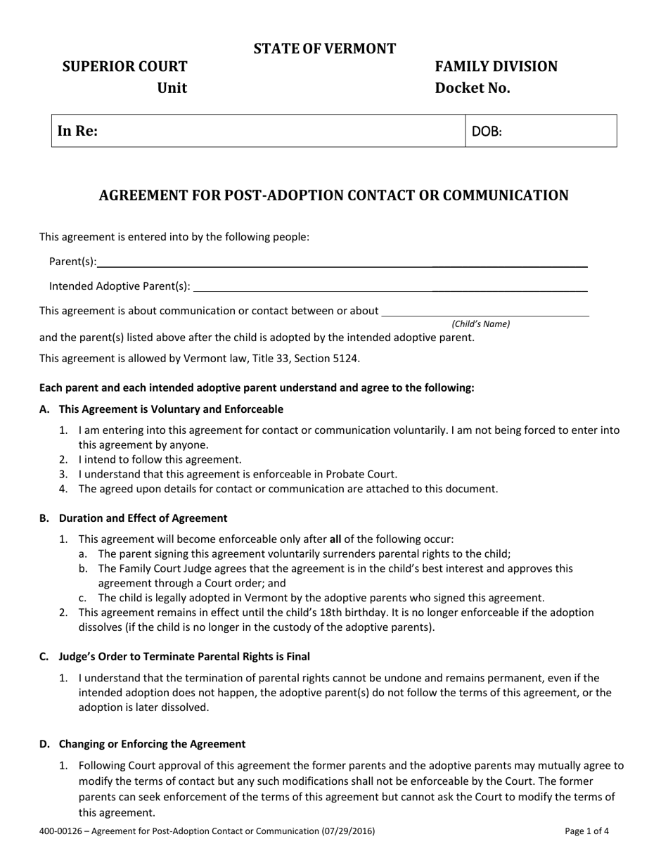 Form 400-00126 Agreement for Post-adoption Contact or Communication - Vermont, Page 1