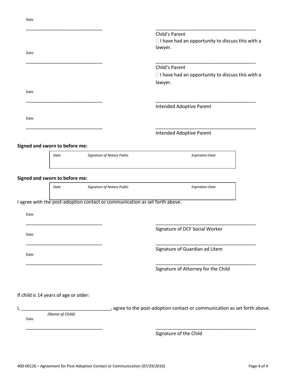 Form 400-00126 Agreement for Post-adoption Contact or Communication - Vermont, Page 4