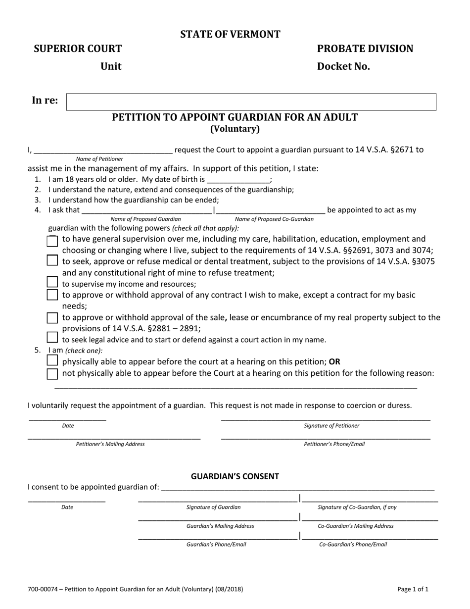 Form 700-00074 Petition to Appoint Guardian for an Adult (Voluntary) - Vermont, Page 1