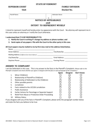 Document preview: Form 400-00840 Notice of Appearance and Intent to Represent Myself - Vermont