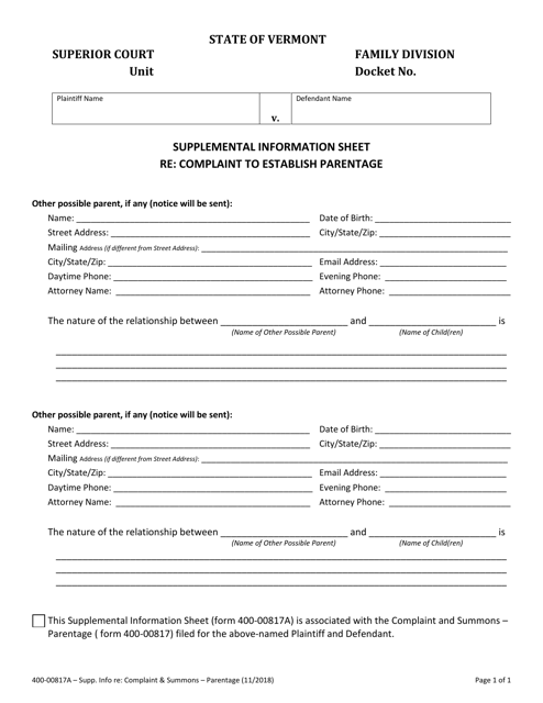 Form 400-00817A Supplemental Information Sheet - Complaint to Establish Parentage - Vermont
